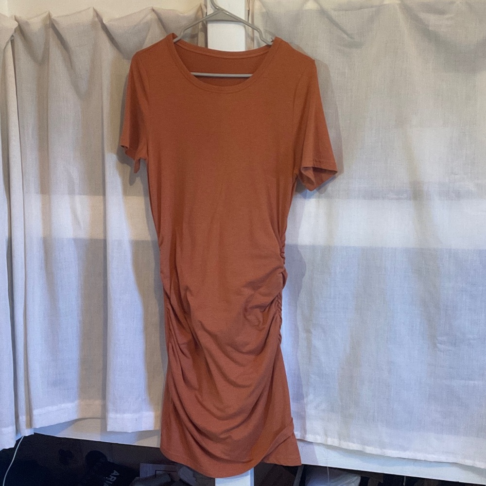 Ruched Short-Sleeve Midi Dress in Terracotta